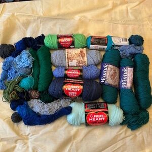 Yarn - Lot of Teal, Blue, Green, Gray, Silver, Etc Skeins, Balls and Remnants